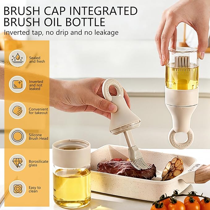 2-in-1 Oil Brush Bottle with Silicone Brush Head, Borosilicate Glass Oil Dispenser for BBQ, Grilling & Cooking, Leak-Proof & No Drip Design, Perfect for Outdoor Camping & Home Kitchen