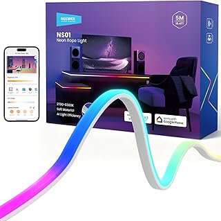 NEEWER 16.4ft/5m LED Strip Lights Front Lit, Smart AI App Control RGB Cuttable Neon Rope Light Color Change for Bedroom Gaming Room Home Indoor Wall Decor, Compatible with Google Assistant Alexa, NS01