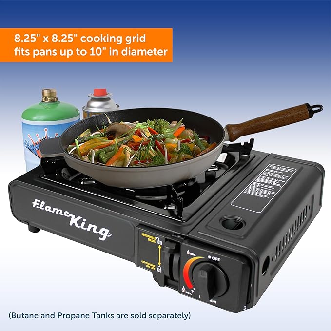 Flame King YSNVT-505-B Dual Fuel Butane & Propane Gas Camping Stove with Single Burner, Portable and Great for Outdoor Cooking, Backpacking, Hiking, & Emergency
