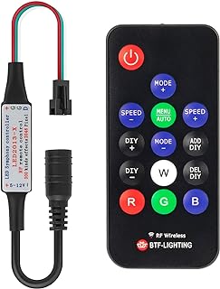 BTF-LIGHTING WS2811 WS2812B 1903 DC5/12V 14keys Wireless RF RGB LED Controller 300 Kinds of Changes Digital Color LED Pixel Strip modules Input=Ouput Voltage Perfect for DIY Project Black