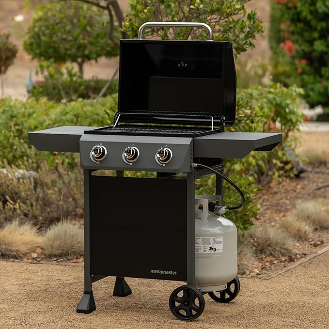 Megamaster 3-Burner Propane Gas Grill with Side Tables, 30,000BTUs, 429.81 SQ. In. Cooking Space, 2 Wheel Transport, Outdoor Kitchen Grill for BBQs, Backyards, Tailgating, and More - 720-1094