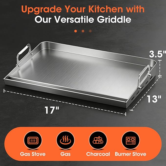 EUTRKei 17" x 13" Heavy-Duty Stainless Steel Griddle for Gas Grill & Stove Top - Reinforced Flat Top with Grease Groove, Effortless Cleanup for Backyard BBQ, Tailgating, Camping & Family Parties