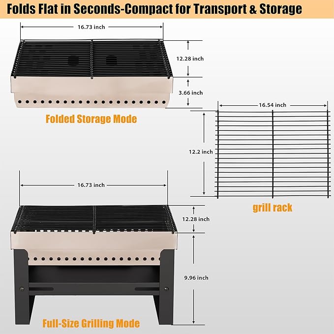 Portable Charcoal Grill, Small Tabletop BBQ, Foldable Mini Hibachi, Stainless Steel Camping Grill, Compact Outdoor Cooker for Picnic, Tailgating
