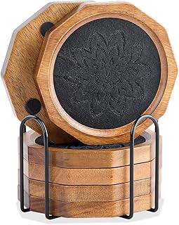 Wood Coasters for Drinks Absorbent with Lip, 4.3 Inch Rustic Acacia Wood Black Felt Coaster with Holder for Wooden Coffee Table for Cups, Mugs, and Glasses - Set of 6