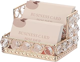 Hipiwe 2 Tiers Crystal Business Card Holder Stand Gold Mirrored Business Card Display Stand Organizer Desktop Business Card Storage Holder for Office Countertop