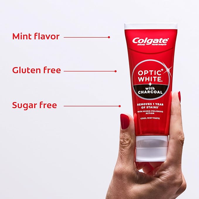 Colgate Optic White with Charcoal Teeth Whitening Toothpaste, Anticavity Toothpaste with Fluoride, Cool Mint Flavor, 3 Pack, 3.8 OZ