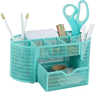 BLU MONACO Aqua Desk Organizer | Metal Stationery Holder With Drawer and Eight Compartments | Desktop Storage for Home Office or Study Space | 4.3”D x 9.3”W x 4”H Workspace Organizer