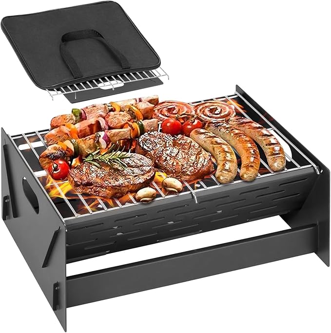 15.9" Foldable Portable Camping Charcoal Grill - Rust-Resistant Compact Tabletop Grill with Detachable Grate & Quick Assembly for Outdoor Cooking BBQ Smokes Beach Patio Backyard