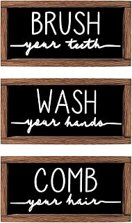 LIBWYS Bathroom Sign & Plaque (Set of 3) Wash Your Hands Brush Your Teeth Comb Your Hair Decorative Rustic Wood Farmhouse Bathroom Wall Decor (Black)