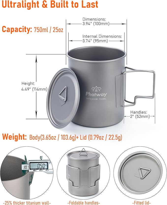 25oz (750ml) Titanium Camping Pot, Ultralight Backpacking Cookware & Campfire Mug for Hiking, Bushcraft & Outdoor Cooking