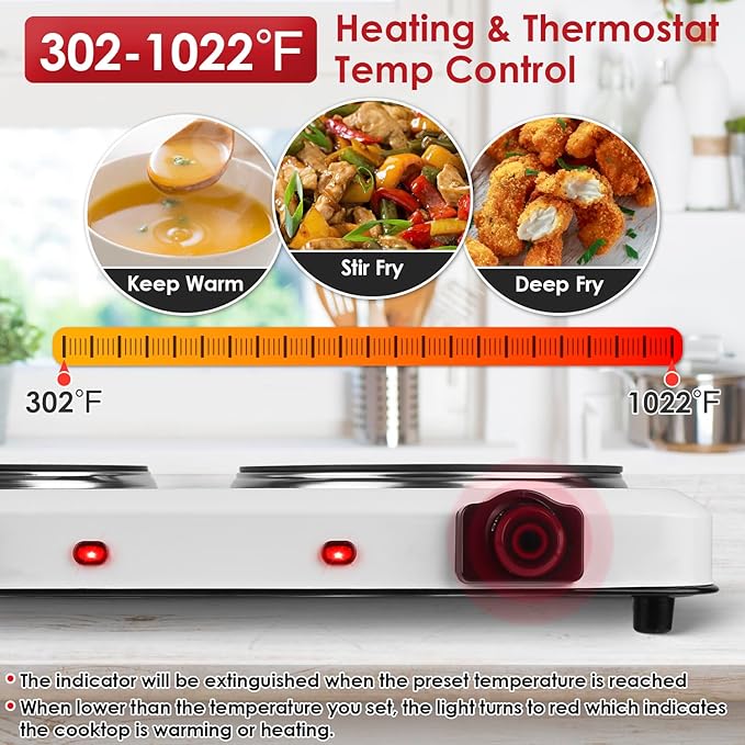 Electric Infrared Dual Burner, Portable Heating Hot Plate Stove Countertop RV Hotplate Glass Cooktop for Home RV Camp, Stepless Temperature Adjustments (Double)