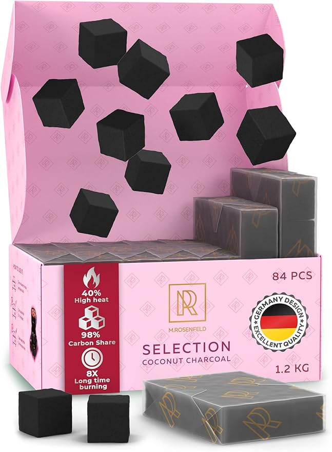 Ultra Density Hookah Charcoal Hookah Coals for Hookah Coconut – 84 pcs & 1.2 KG (2.6 lbs) – Premium Quality 25mm (1x1x1 in) – 100% Natural Coconut Coals for Hookah Cubes – NOT Quick Light