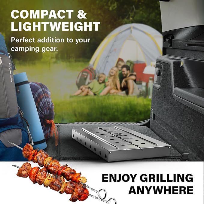 Stainless Steel Charcoal Grill for 8 Skewers – Portable BBQ 16.93"×9.45"×16.93" – Foldable Kabob Mangal – Rustproof Shish Kebab Grill for Outdoor Cooking (Skewers Not Included)
