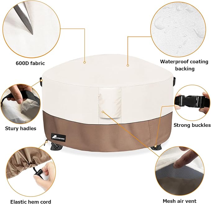 Fire Pit Cover Round 40 Inch Waterproof,Outdoor Heavy Duty Durable 600D Tear-Resistant Fire Pit Table Cover,Patio Round Firepit Cover 40" D x 20" H, Beige