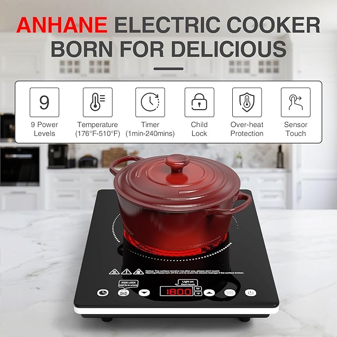 ANHANE 1800W Electric Cooktop, 110V Single Burner Stove with Overheat Protection and Adjustable Power Levels - Portable Ceramic Stove for Kitchen, Travel, RV