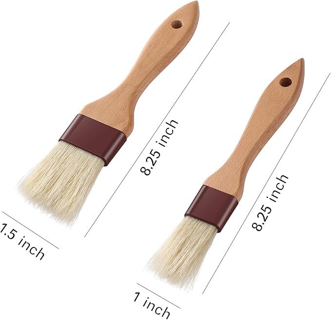 1 inch & 1.5 inch Pastry Brush Natural Boar Bristle Basting Brush Kitchen Oil Brush with Beech Wooden Handle and Hanging Rope String Grill BBQ Sauce Baster Baking Cooking Marinade Brushes (Pack of 2)