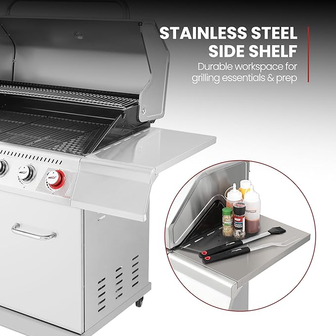 Royal Gourmet GA6402S 6-Burner Propane Gas Grill with Side Burner and Warming Rack, 74,000 BTUs, Cabinet Style Outdoor BBQ Grill for Barbecue Grilling & Backyard Cooking, Silver