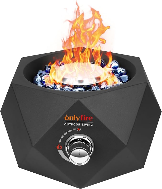 ONLYFIRE OUTDOOR LIVING 14” Modern Tabletop Gas Fire Pit, Portable Firepit Works with 1lb Propane Gas for Patio Backyard Porch Camping RV Tailgating, Side-Mounted, FP004