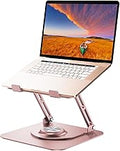 JOYEKY Adjustable Laptop Stand with RGB Lighting,Aluminum Ergonomic Computer Stand with 360° Rotating Base,Foldable & Portable Laptop Riser, Suitable for All 10-16” Laptops (Rose Gold)