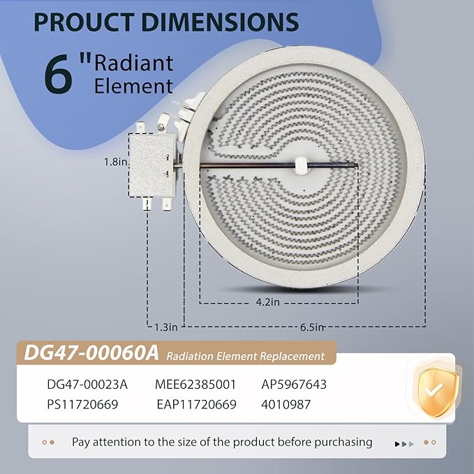 Upgraded DG47-00060A MEE62385001 Range Radiant Surface Element Compatible with Whirlpool Kenmore Electric Furnace Oven Replaces DG47-00023A AP5967643 PS11720669 Range Single Radiant Burner