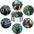 Drink Coasters for Drinks Set of 6, Art and Black Cat Absorbent Round Ceramic Stone Mat Coaster, with Cork Base and Metal Holder, Home Bar Decor House Warming Gift