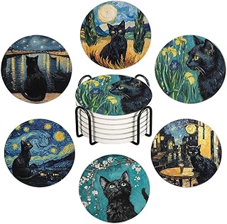 Drink Coasters for Drinks Set of 6, Art and Black Cat Absorbent Round Ceramic Stone Mat Coaster, with Cork Base and Metal Holder, Home Bar Decor House Warming Gift