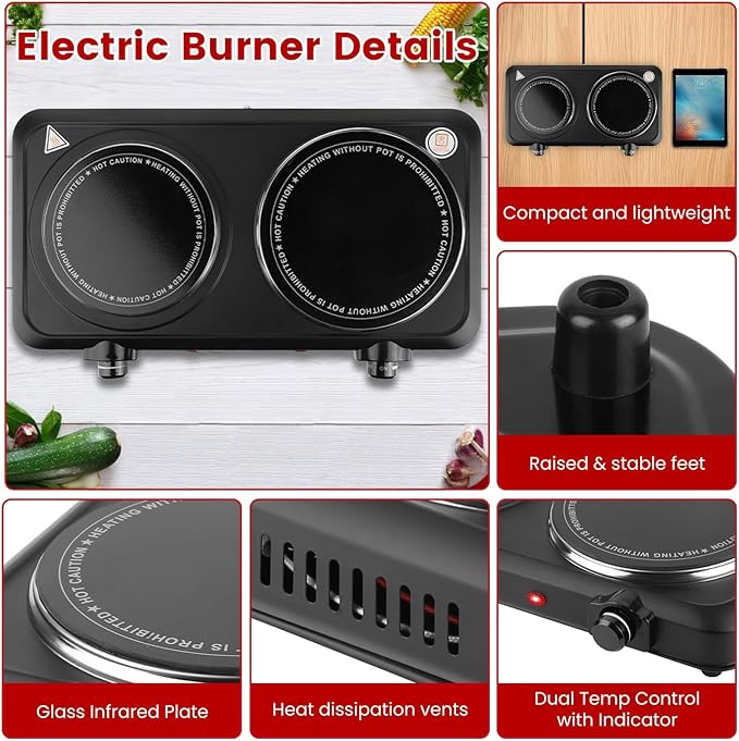 Infrared Double Burner, 2000W Electric Hot Plate, Portable Heating Cooking Stove, Countertop Burner with 7.5” & 6.3” Glass Plate Electric Cooktop with Stepless Temperature Adjustments