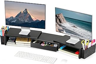 Spacrea Metal Desk Organizers and Accessories, Dual Monitor Stand Riser with Drawer and 2 Pen Holders, Book Racks, Desk Accessories & Workspace Desktop Organizers for Office Supplies (Black)