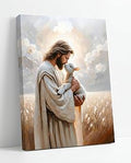Jesus Holding Lamb Canvas Wall Art - Christian Religious Decor for Home Living Room Bedroom - 12x16in Framed Good Shepherd Painting - Spiritual Wheat Field Art Print for Office Church