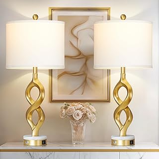 Cinyirong 30" White and Gold Table Lamps Set of 2 for Living Room, Modern Touch Control Bedside Lamps for Bedroom, 3-Way Dimmable Sculptural Resin Nightstand Lamps with USB A+C Ports and 2 LED Bulbs