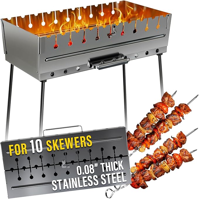 Stainless Steel Charcoal Grill for 10 Skewers – Portable BBQ 20.87"×9.45"×20.87" – Foldable Kabob Mangal – Durable Rustproof Grill for Picnic & Camping (Skewers Not Included)