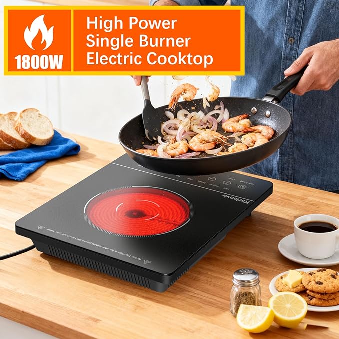 Portable Electric Cooktop 110V, 1800W Single Burner, Touch Control Electric Stove Top with 9 Power Levels, Plug in Cook top Safety Lock & Timer