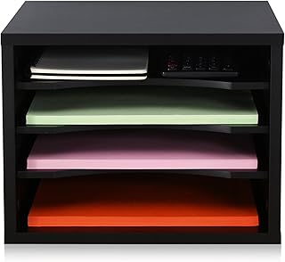 FITUEYES Wood Desk Paper Organizer with 4 Tiers Storage, Desktop File Holder, Document Letter Sorter Tray with Adjustable Shelves, Home Office Wooden Mail Rack, Black