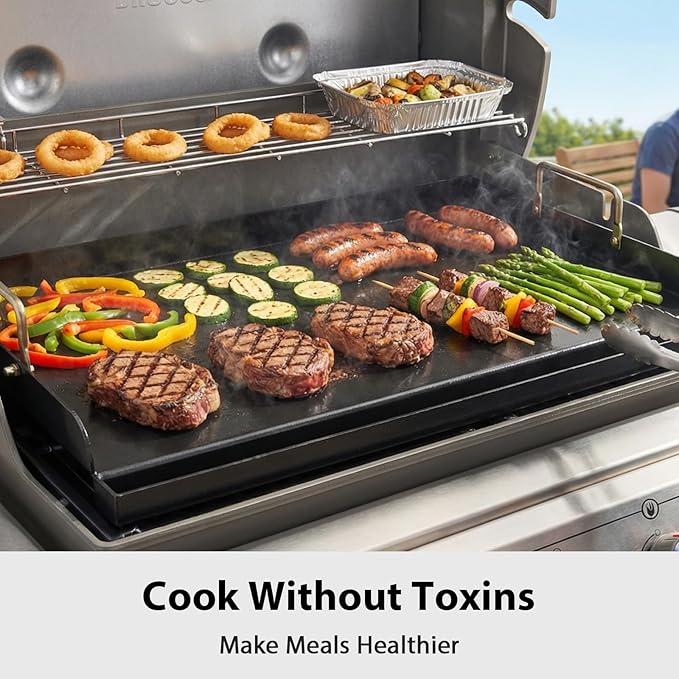 Utheer 25" x 16" Nano-Ceramic Nonstick Griddle for Gas & Charcoal Grills – Universal Flat Top with Grease Groove, Reinforced Ridges & High Sidewalls, Perfect for Healthy Cooking, Parties & Camping