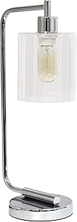 Simple Designs LD1036-CHR Bronson Antique Style Industrial Iron Lantern Desk Bedside Glass Shade Table Lamp, Chrome