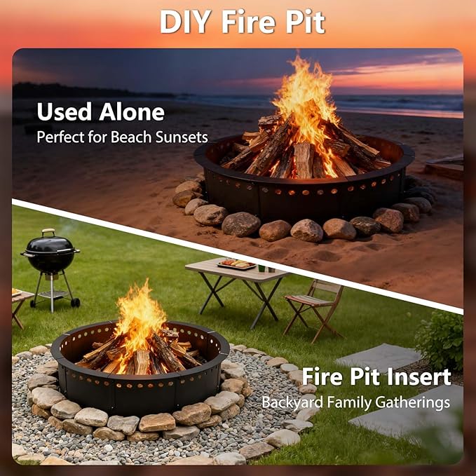 36 Inch Smokeless Fire Pit Ring Insert Outdoor, Heavy Duty Solid Metal Steel Round Firepit Rim Liner for Outside, 40 Inch Outer Diameter DIY Campfire Ring, Above or In-Ground, for Camping Garden Patio