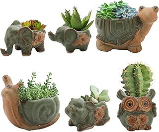 Okllen 6 Pack Mini Animal Ceramic Succulent Planter Set, Cute Elephant, Turtle, Owl, Snail, Succulent Pots with Drainage Hole, Ideal for Bonsai, Indoor, Outdoor