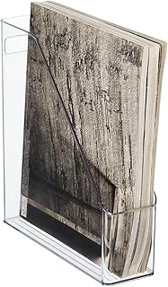 mDesign Plastic Slim Vertical File Folder Storage Organizer Bin with Handle - Hold Notebooks, Binders, Envelopes, Magazines for Home Office, Work Desktops, Ligne Collection, Clear