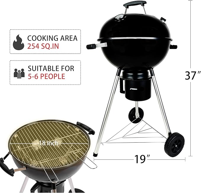 18-Inch Kettle Charcoal Grill with Lid & Wheels,Easy-to-Use BBQ Grill for Backyard, Patio & Beginners Outdoor Charcoal Grills for Family Cooking With Windproof Ash Can