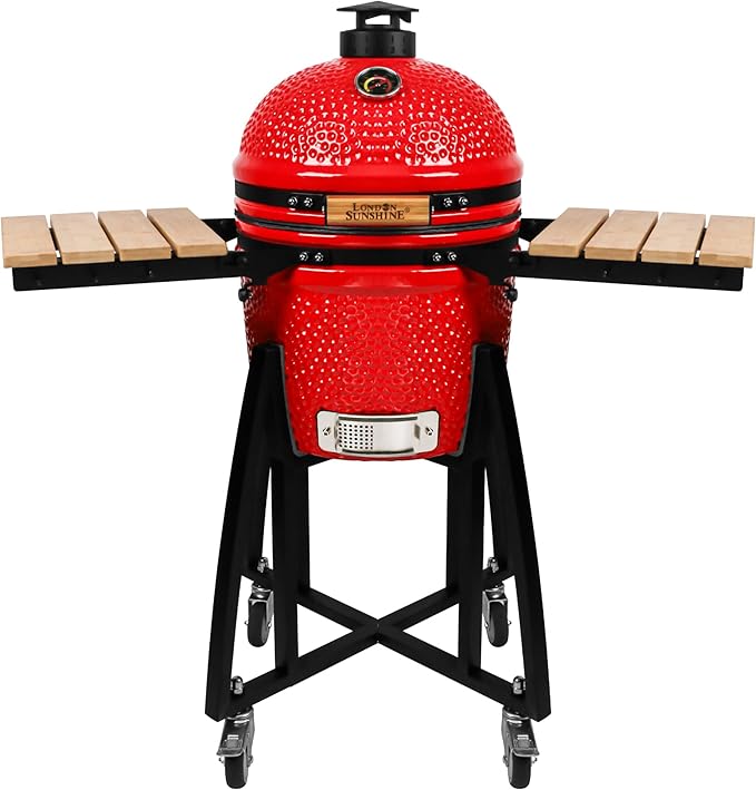 London Sunshine 15-inch Ceramic Kamado Charcoal BBQ Grill & Smoker with Locking Casters, Foldable Side Shelves, Stainless Steel Grates, and Tall Stand (Red)