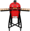 London Sunshine 15-inch Ceramic Kamado Charcoal BBQ Grill & Smoker with Locking Casters, Foldable Side Shelves, Stainless Steel Grates, and Tall Stand (Red)