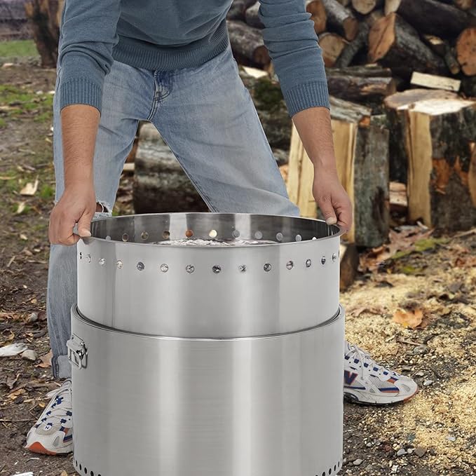 20.5 in Smokeless Fire Pit with Air Switch and Handle, Wood Burning Portable Stainless Steel Outdoor Firepit with Removable Stand and Ash Pan, Ideal for Camping Backyard Patio, H: 11.5 in, 18.8 LBS