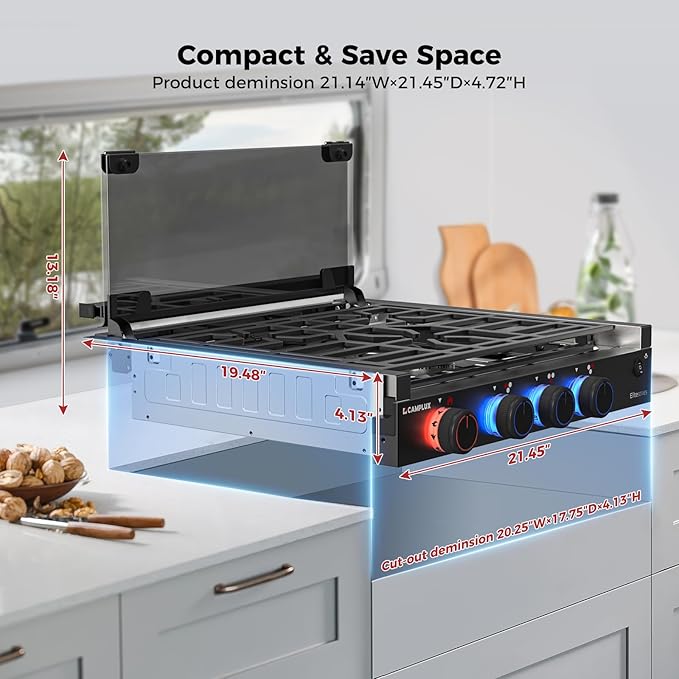 CAMPLUX Elite RV Stove 3 Burners, 21,000 BTU Propane Cooktop with Tempered Glass Cover & Flame Failure Protection, 21-Inch Slide-In Gas Rangetop for RVs, Campers, Motorhomes, and Boats, Black