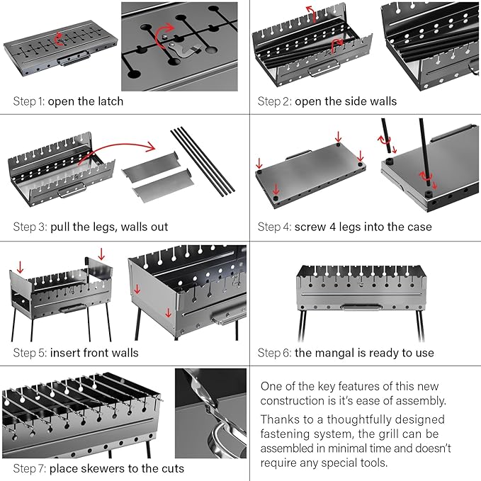 Stainless Steel Charcoal Grill for 10 Skewers – Portable BBQ 20.87"×9.45"×20.87" – Foldable Kabob Mangal – Durable Rustproof Grill for Picnic & Camping (Skewers Not Included)