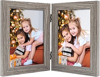 Frametory, 5x7 Double Hinged Picture Frame with Glass Front, Engineered Wood Two Photo Frame Collage for Vertical Display, Side by Side Standing Frame (Grey, 1 Pack)