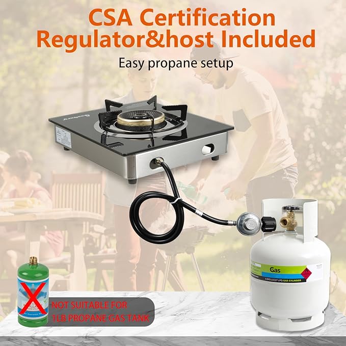 Propane Stove 1 Burner Gas Stove, 14500 BTU High-Efficiency Auto Ignition Tempered Glass LPG Cooktop with CSA Regulator and Hose – for Outdoor Camping, RV, and Emergency Cooking