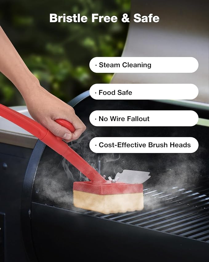 Grill Brush, Bristle Free, Safe Wire Bristles Steam Cleaning Brush, Cleaning Kit for Outdoor Grill, BBQ Cleaner Accessories, 2 Replacement Heads（Bristle Free & Wire Bristles）