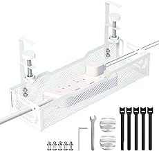 Under Desk Cable Management Tray, No Drill Mesh Desk Cable Tray, Wire Management Tray Cable Management Rack, Wire Organizer and Cable Management Box (White)