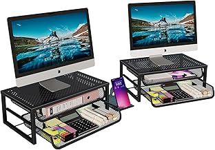 Ekisemio 2-Pack 2-Tier Monitor Stand Riser with Drawer, Metal Computer Desk Organizer for Home Office, Black