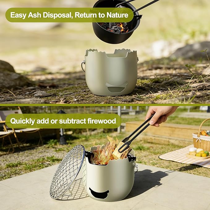 Backpacking and Camping Stove, Portable Stainless Steel Wood Burning Stove, Tabletop Fire Pit with Travel Bag, Resistant to Heat, Bending, Dropping for Outdoor, Hiking, Picnic - Sage Green